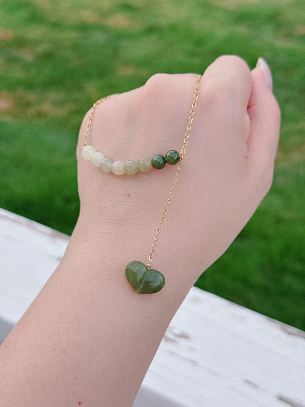 26X477 Handmade Ombré Jade Stainless Steel Necklace with Heart Pendant 18”